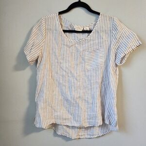 Christian Siriano Linen Top Striped Pocket Short Sleeve Boxy Casual Beige Size S